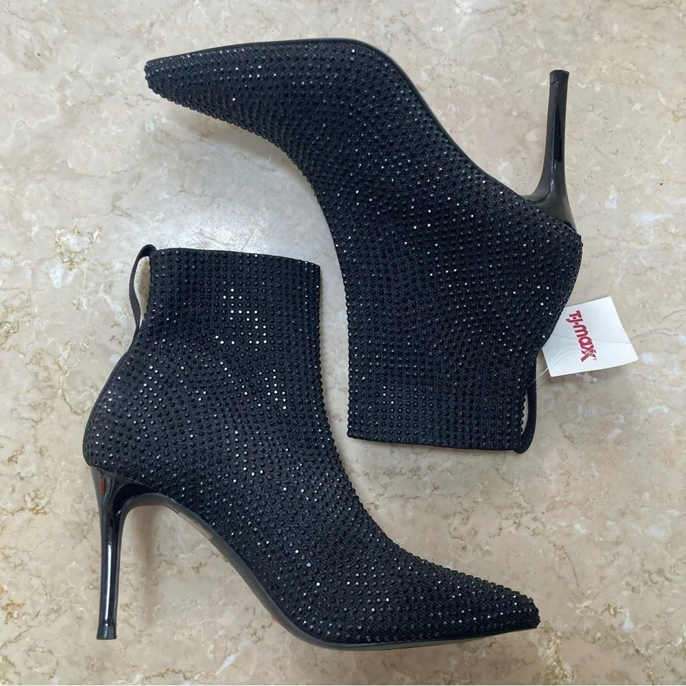 NWT Steven by Steve Madden Black Rhinestone Stiletto Heeled Ankle Boots, Size 6